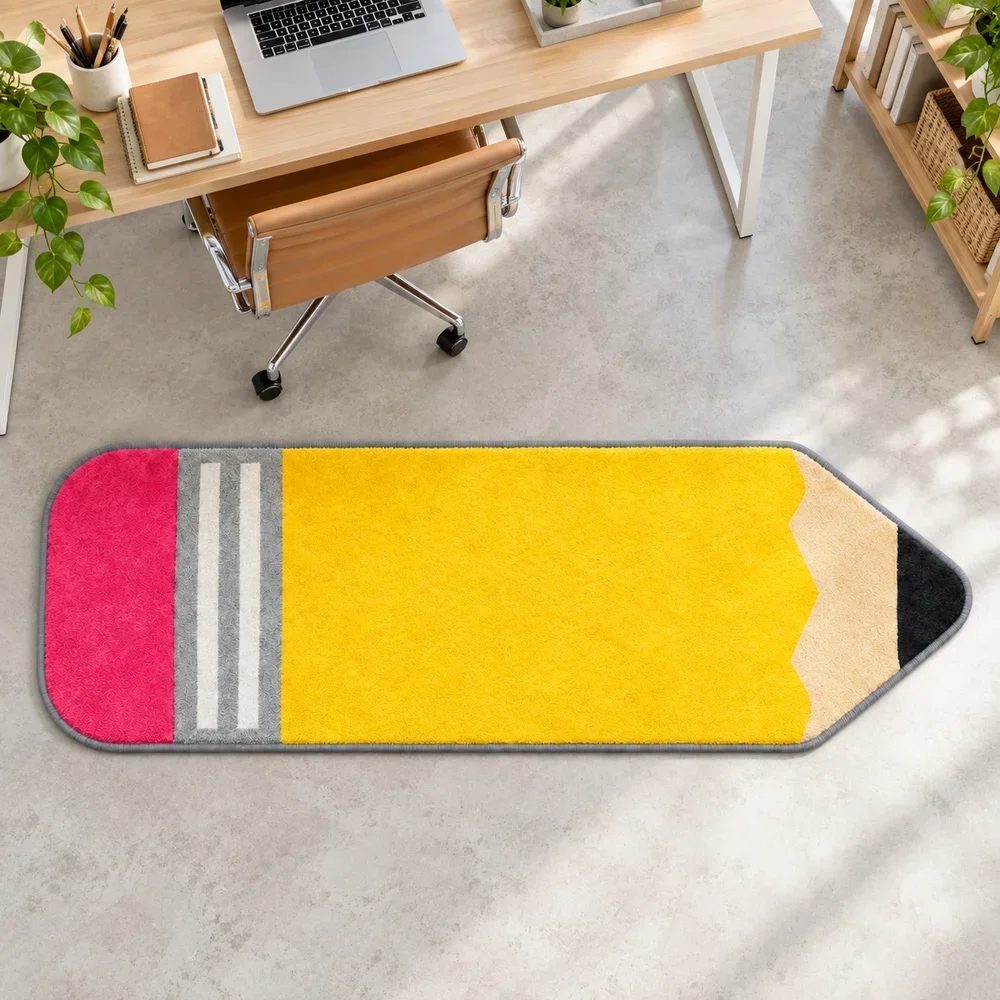 Yellow Pencil Shaped Flannel Floor Mat Creative Novelty Rug for Home Office Studio Bedroom Entryway Classroom Decor Gift