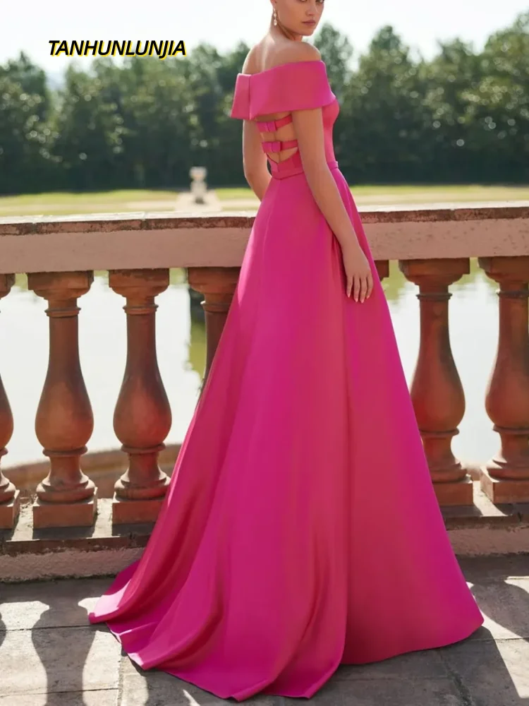 

Customized Long Fuchsia Mother of the Bride Dresses A-Line Satin فساتين سهرة Watteau Train Godmother Dress Evening Dre