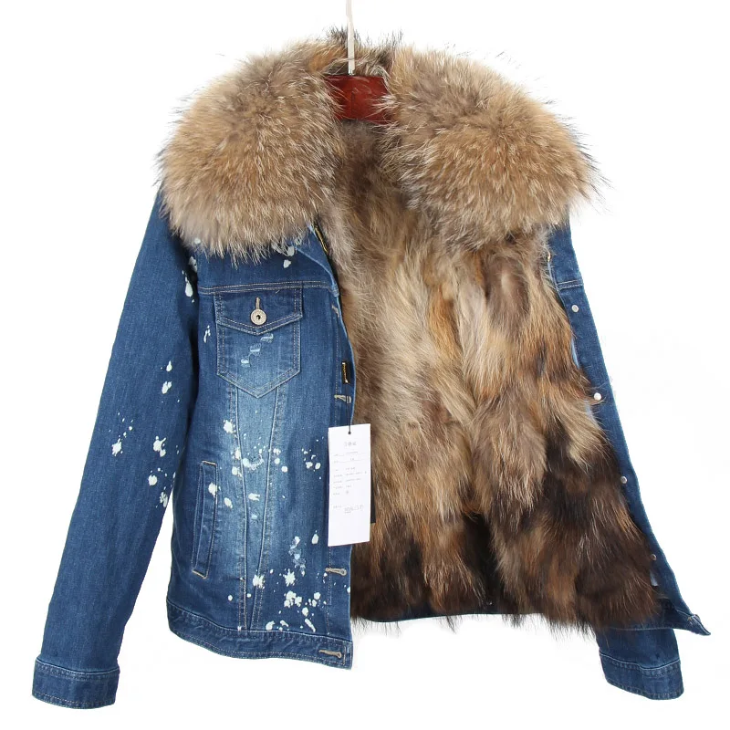 2023 New Natural Raccoon Fur Detachable Lining Real Fur Collar Denim Jacket Woman's Hole Cowboy Short Coat