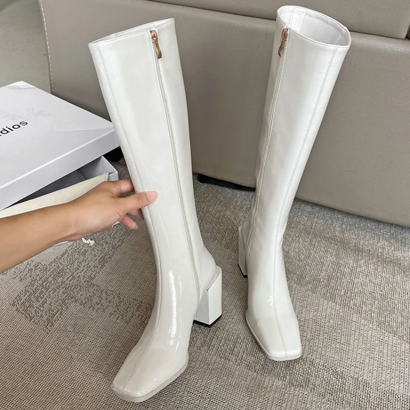 Footwear Blue Ladies Boots Winter Knee High Shaft Shoes for Women Square Toe Long Spring Autumn Fashion 2024 Work Trend Gyaru Pu