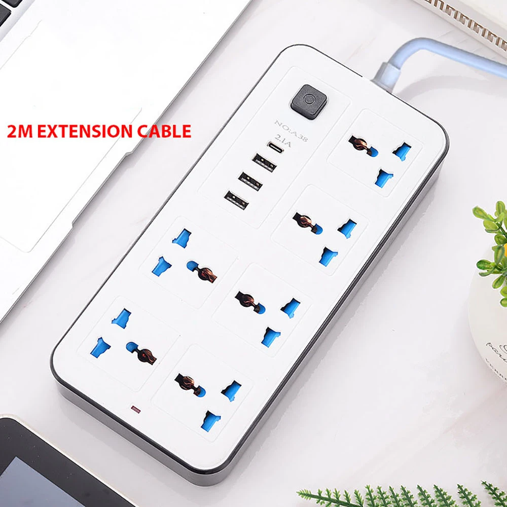 6AC Outlets Multiprise Electrical Socket Multi Tap Power Strip 2M Extension Cable with 3USB + Type C Network Filter Fast Charger