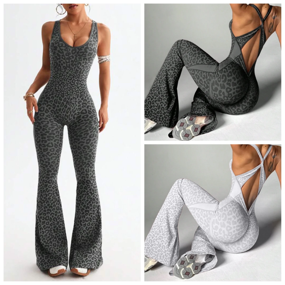 

Women's Seamless Yoga Jumpsuit Leopard - Cross Back One Piece Fitness Bodysuit Workout Gym Wear Butt Lifting Design