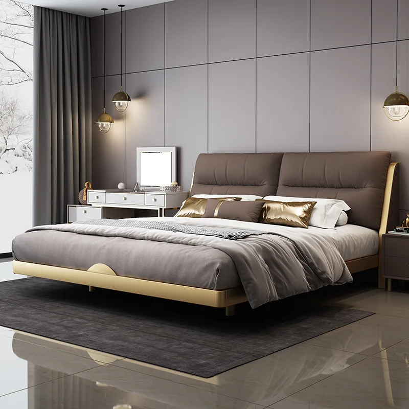 

Master bedroom double leather bed, modern minimalist light luxury suspension, ambient light atmospheric luxury