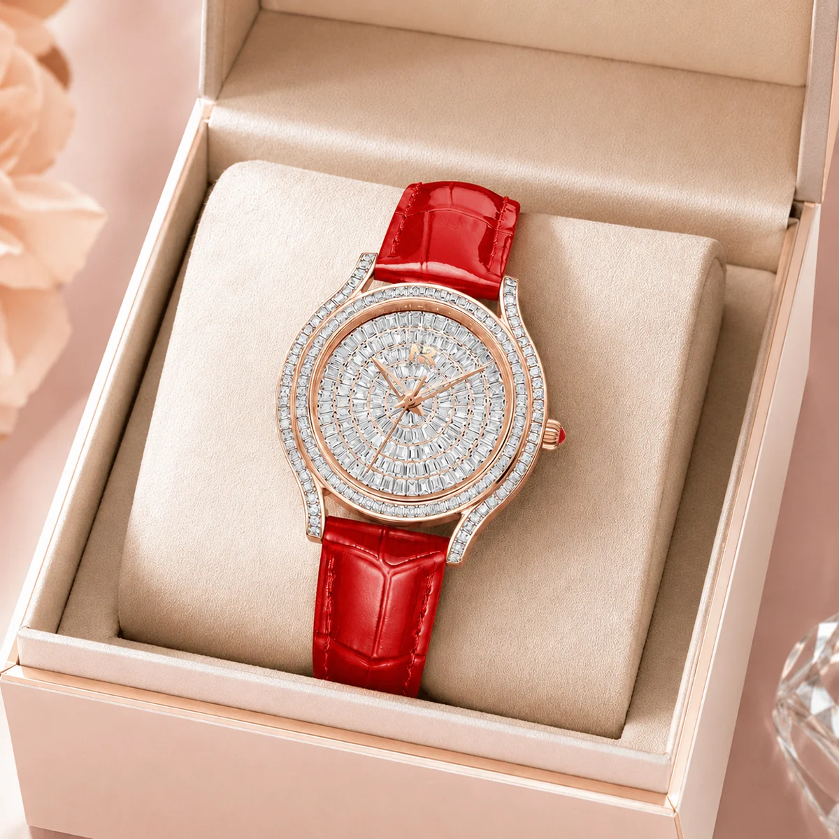 RUIXINE Luxury Women Quartz Watch Full Diamond Paved Dial Leather Strap Elegant Ladies Dress Wristwatch for Party Daily Gift