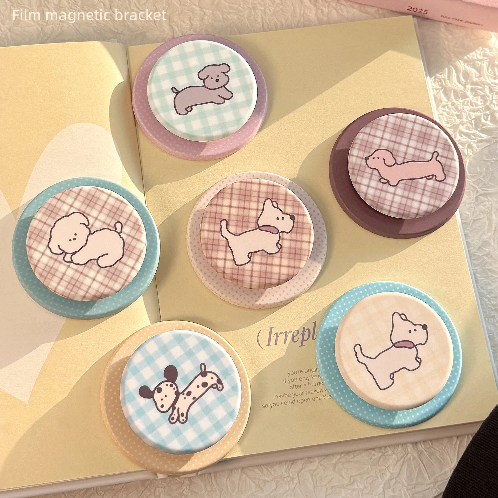 Soporte con patrón de rejilla de cachorro de dibujos animados coreanos, agarre magnético Magsafe Tok para iPhone Samsung, soporte plegable para dedo