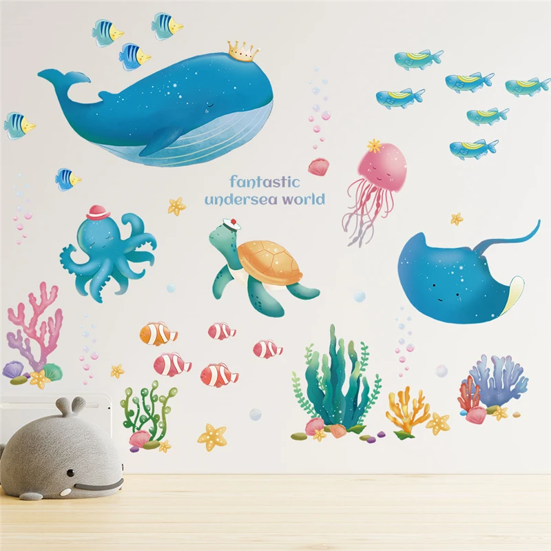 Cartoon Fish Turtle Whale Sealifes Wall Stickers For Kids Room Bathroom Home Decor Diy Ocean Mural Art Pvc Decal Poster