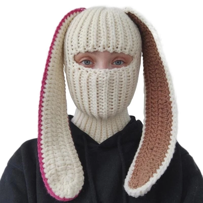 Gorro ciclismo invierno para adultos, gorro punto con forma oreja conejito dibujos animados, gorro suave, ropa