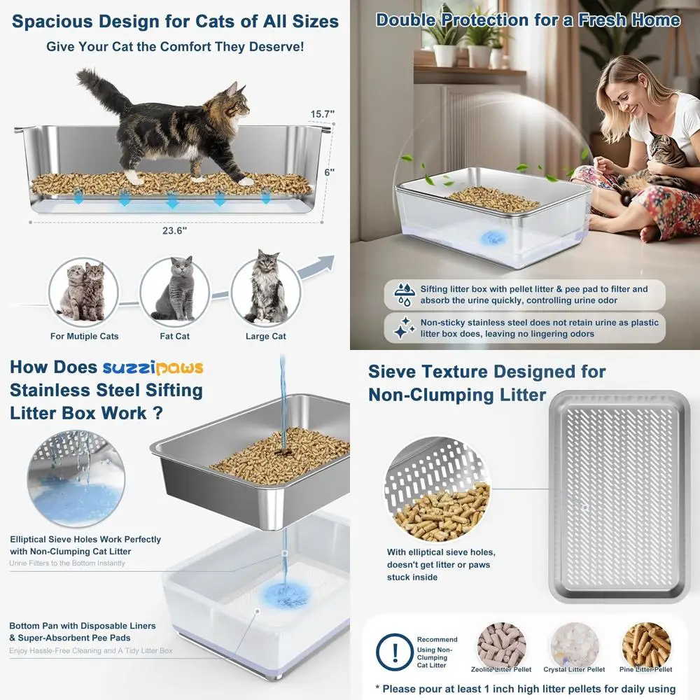 

Extra Large Open Top Stainless Steel Cat Litter Box with Odor Control, XL Size for Big Cats, Includes Liners and Pee Pads, Suita