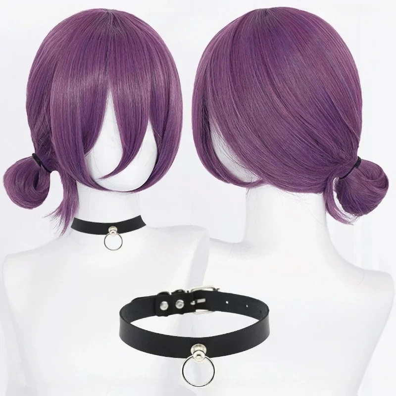 Pelucas de Cosplay de Anime Reze, pelucas moradas de 45cm con gargantilla, disfraz de Cosplay para mujer, pelucas Reze, pelucas de pelo sintético resistentes al calor