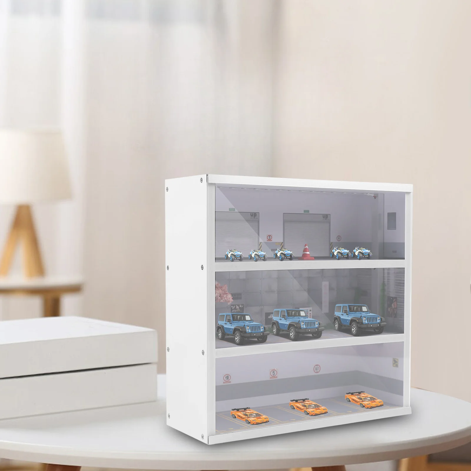 1:64 Simulation Diorama Parking Lot Display Case, 3 Tier 16 Parking Spaces Model Car Display Case with LED Light, Car Parking Lot Model for Diecast Car Collection