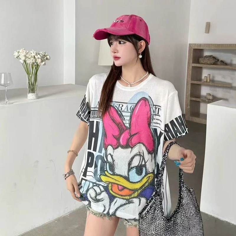

Cartoon Printed Rhinestone Hollow-Out Knitwear Women's Loose Figure-Flattering Versatile Casual Short Sleeve T-Shirt Top