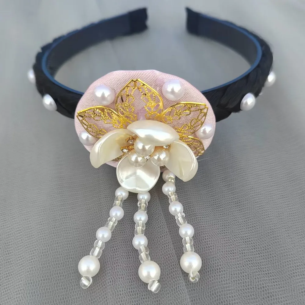 Sweet Flower Korean Headband Tassels Beaded Hanbok Hairband Pearl Ethnic Style Stage Dance Hair Hoop Ladies
