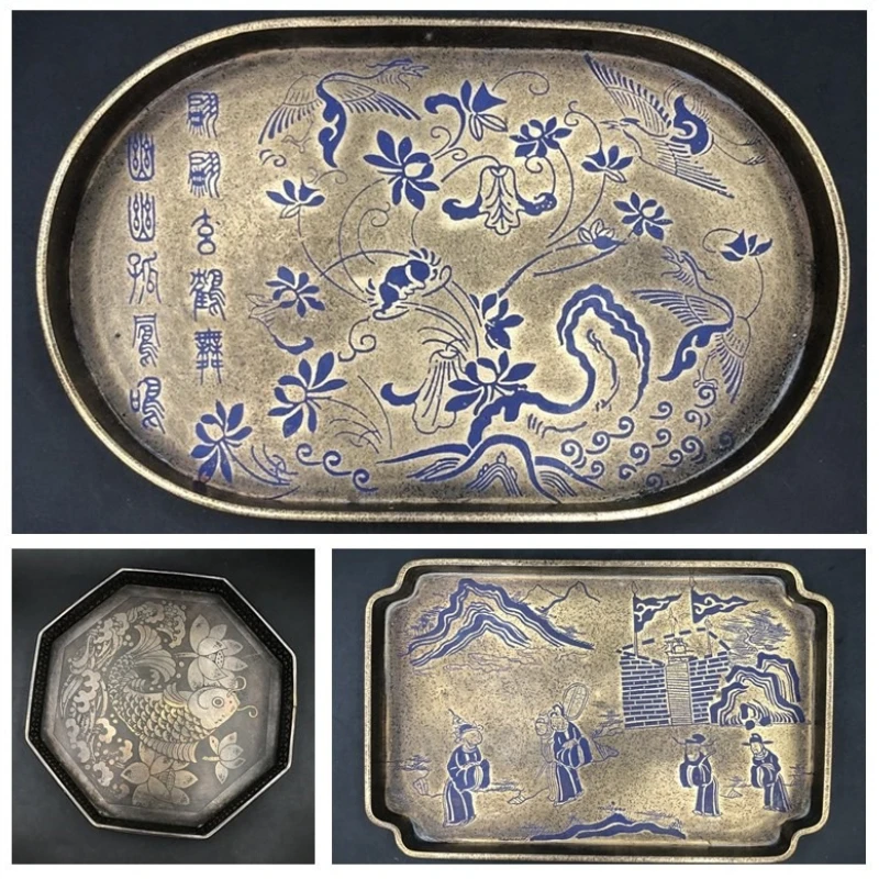 

Retro Copper Plate Hexagonal Oblong Fish Crane Human Figure Pattern Classical Living Room Household Desktop Decorative Items