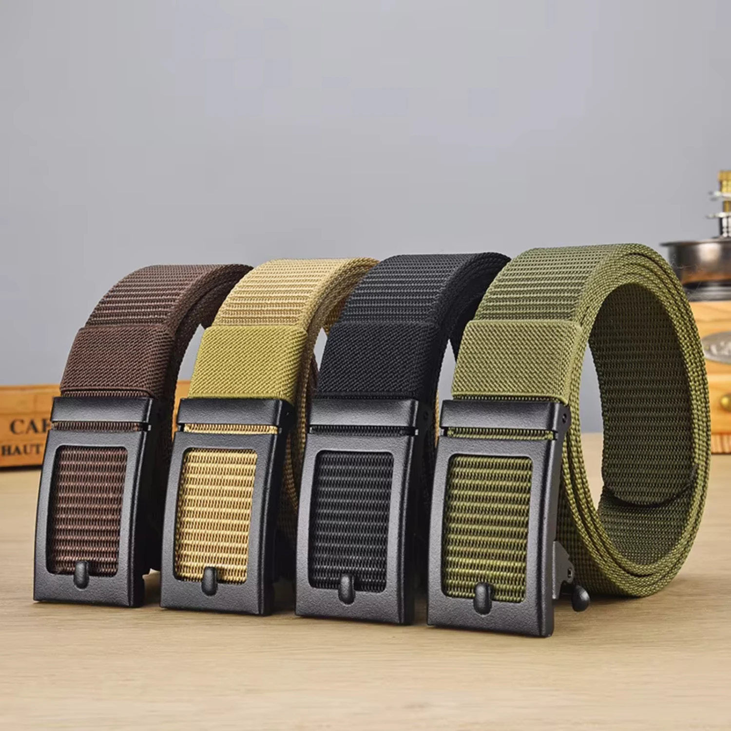 Men's Casual Ratchet Belt, wide quick release automatic slide buckle, nylon webbing waist belt, dad