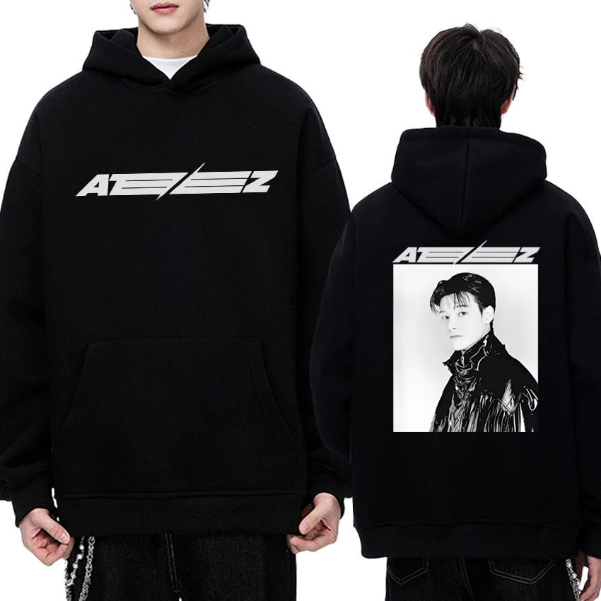 

High Quality Kpop Ateez Wooyoung Double Sided Graphics Hoodies Men women Trend Fleece Winter Sweatshirt Unisex Casual pullovers
