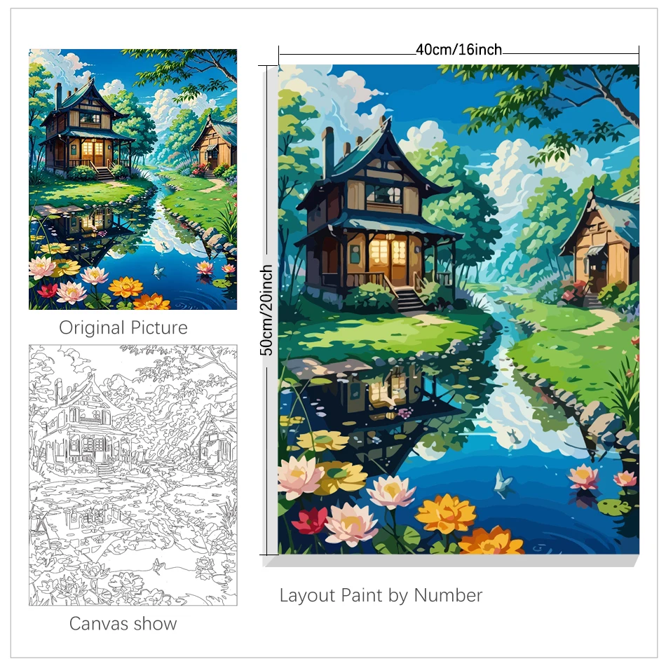 RUOPOT Painting By Numbers Kits With Frame Landscape Streams And Houses Coloring By Numbers For Home Artwork