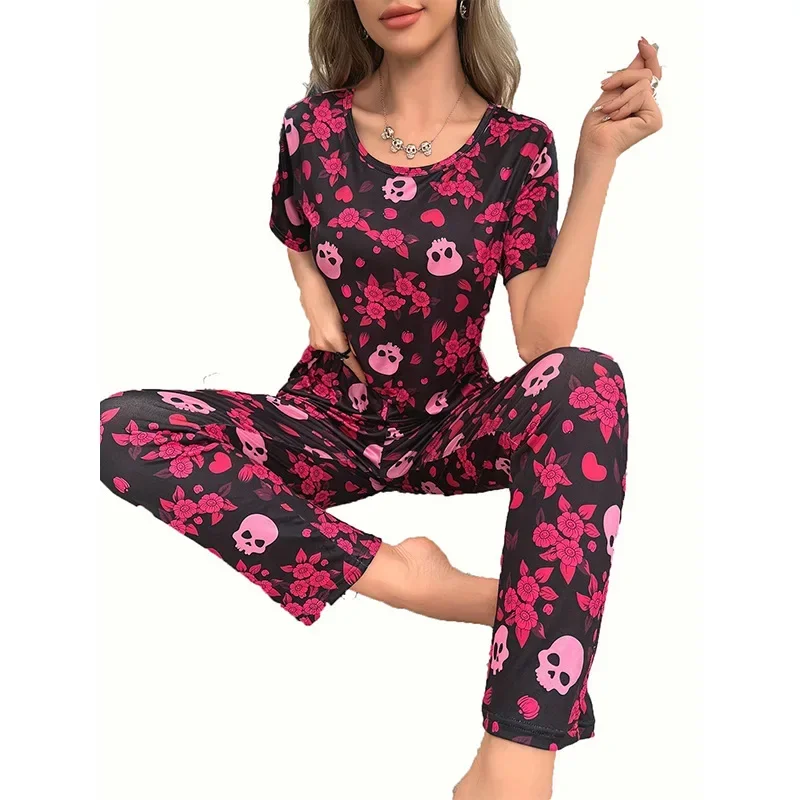 Summer Short Sleeve Pajamas Women\'s Simulation Silk Cool Homewear Halloween Printed Pants Set Pijamas Women Pijamas De Mujer