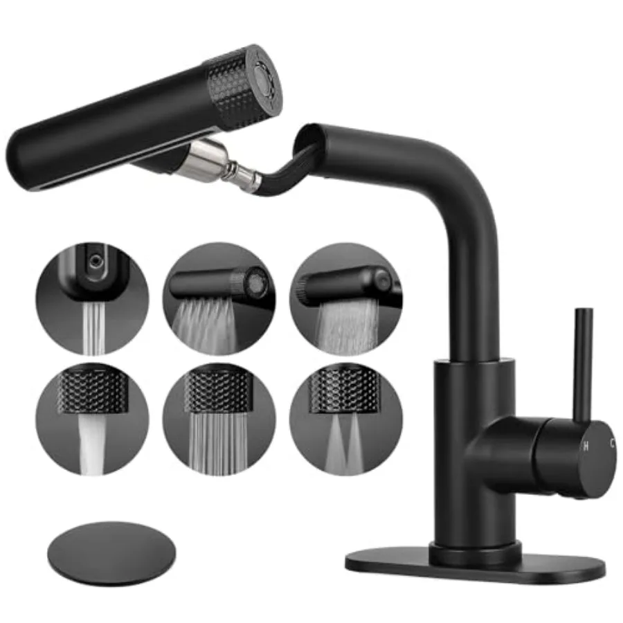 

Matte Black Bathroom Faucet with Pull Down Sprayer 6 Water Mode Single Handle 1 or 3 Hole for RV Bar Laundry Vanity Sink Matte