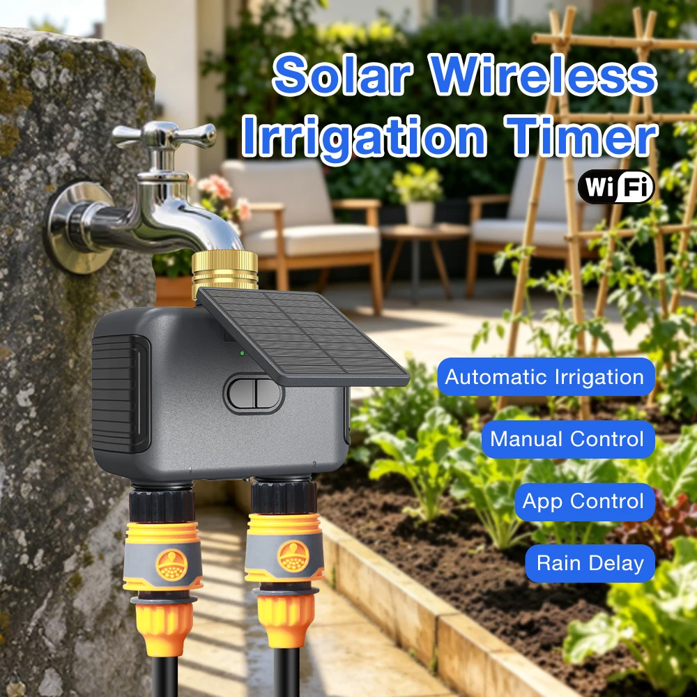 Solar-Powered WiFi Irrigation System Automatic Irrigation Timer 2 Zones Irrigation Timing Controller Outdoor Garden Water Timer