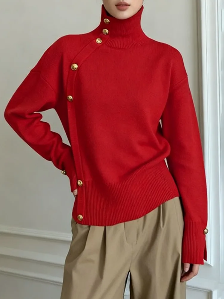 

Новый женский модный вязаный свитер с высоким воротом, разрезами по бокам, длинными рукавами, асимметричными золотыми пуговицами, повседневный элегантный трикотажный топ 2026 года