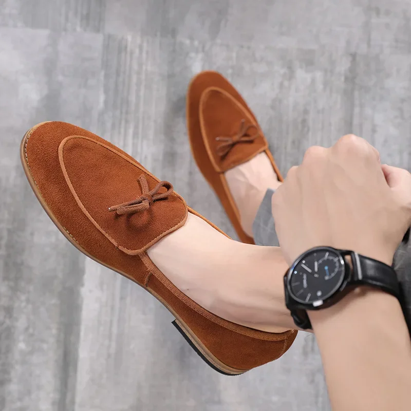 PopMen حذاء كاجوال Nubuck جلد أصلي للرجال عصري Bowknot حفل زفاف المتسكعون الشقق رجالي القيادة الأخفاف EUR مقاسات 38- #1