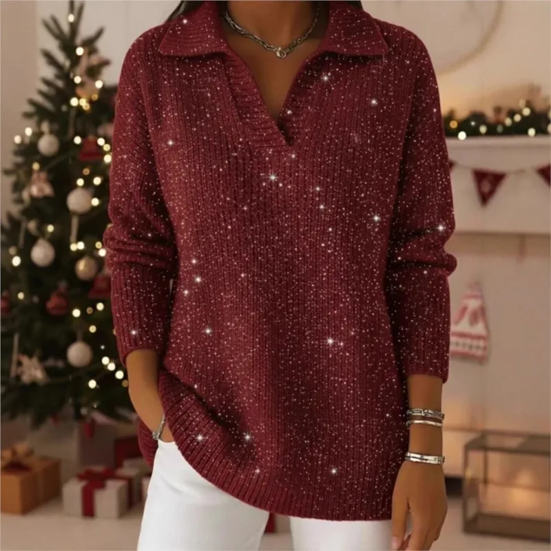 Autumn Sparkle Polo Collar Knitwear Women 2025 New Long Sleeve Pullover Glitter Casual Autumn Winter Warm Top Holiday Streetwear