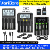 VariCore 4-slots LCD Smart Battery Charger Test Capacity for 3.7V Li-ion 18650 21700 26650 3.2V LiFePO4 32700 1.2V Ni-MH AA AA