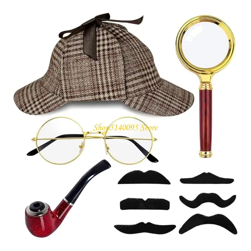 

DXAE Detective Costume with Detective Holmes Hat Glasses Necktie Beard