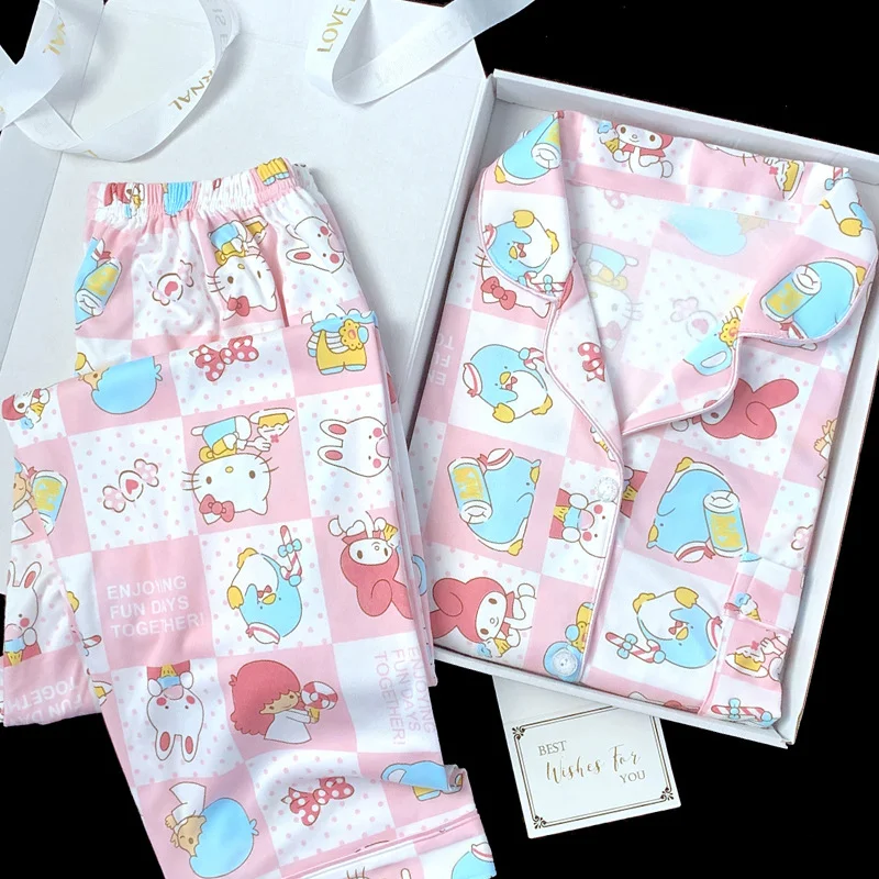 Sanrio musim gugur hello kitty lucu manis piyama lengan panjang wanita melodi kartun diperiksa susu sutra kerah kardigan set pakaian santai