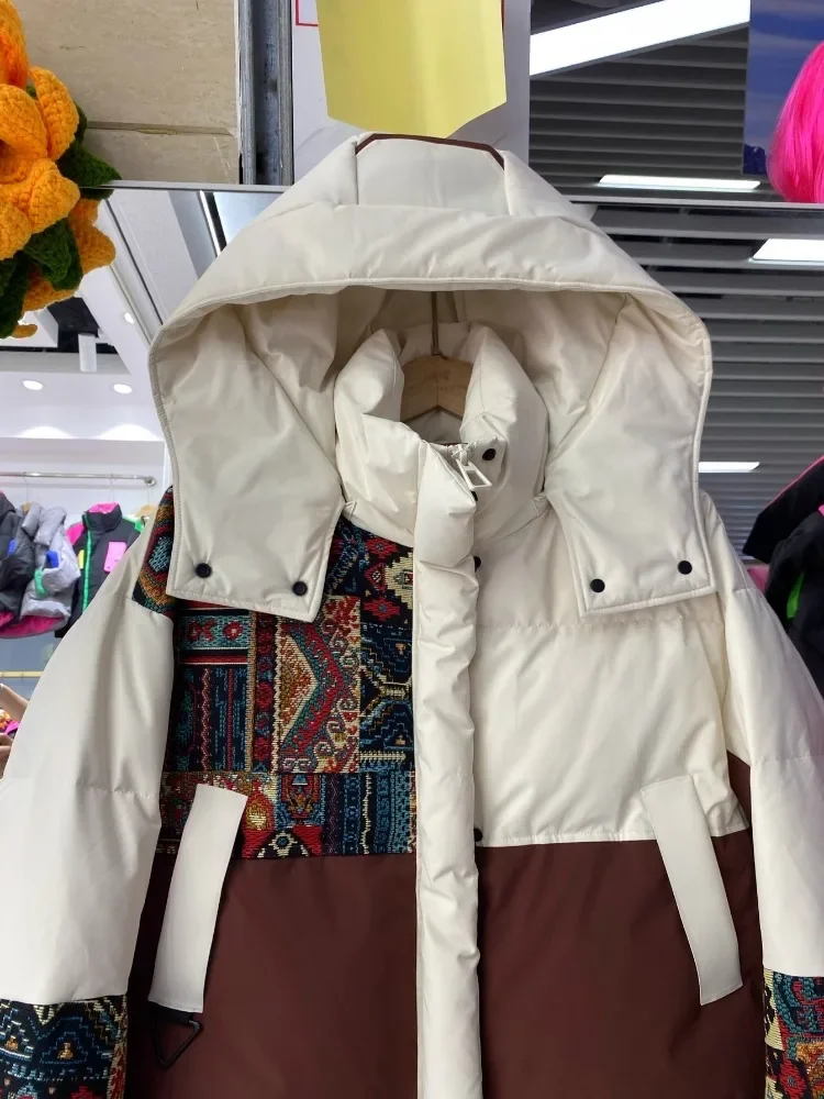 Winter Printed Down Jacket Korean Chic Commuter Embroidered Stitching Hooded Thickened Straight White Duck Puffer Coat Women