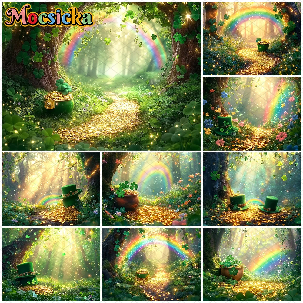 

Mocsicka Easter Photography Background Spring Birthday Backdrop Forest Green Clover Rainbow Gold Coin Decor Photo Prop Wallpaper