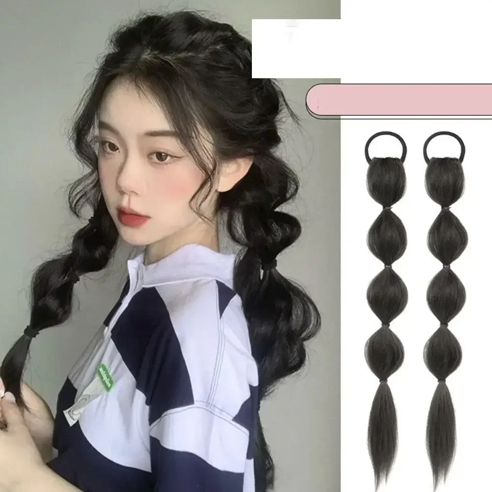 female Bubble Plait synthetic Wig Double Ponytail Hair Extension Sweet Cool simulation Hair Natural temperament artificial wig