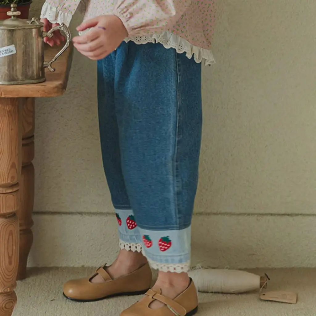 Spring 2026 Korean Style Children's Girls Sweet Ruffle Patchwork Embroidered Strawberry Casual Denim Pants for Kids Trousers
