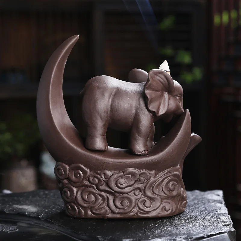 Crescent Elephants Home Decor Ornaments Waterfall Backflow Incense Purple Clay Censer Holder