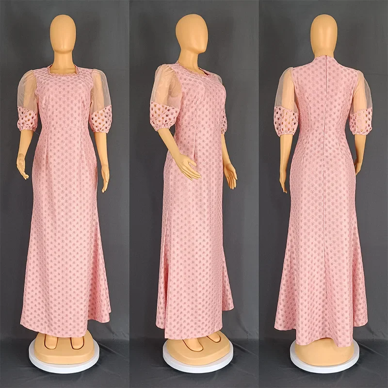 Vestidos de Fiesta de malla de encaje africano para mujer, elegante bata africana, ropa de noche, malla blanca, manga abullonada, maxivestido de boda, 2023