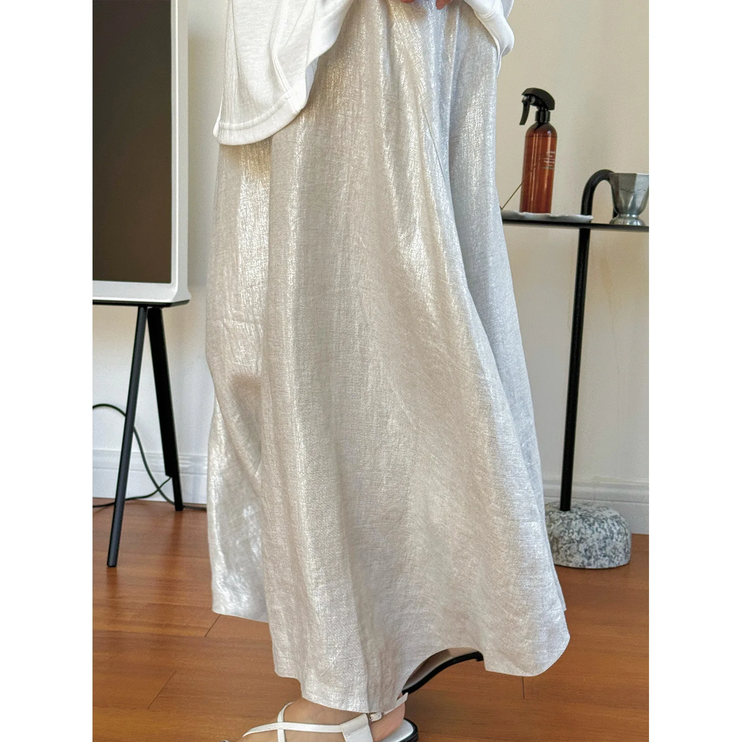 Summer Korean Texture Linen Half High Waist Irregular A-line Long Skirt for Women