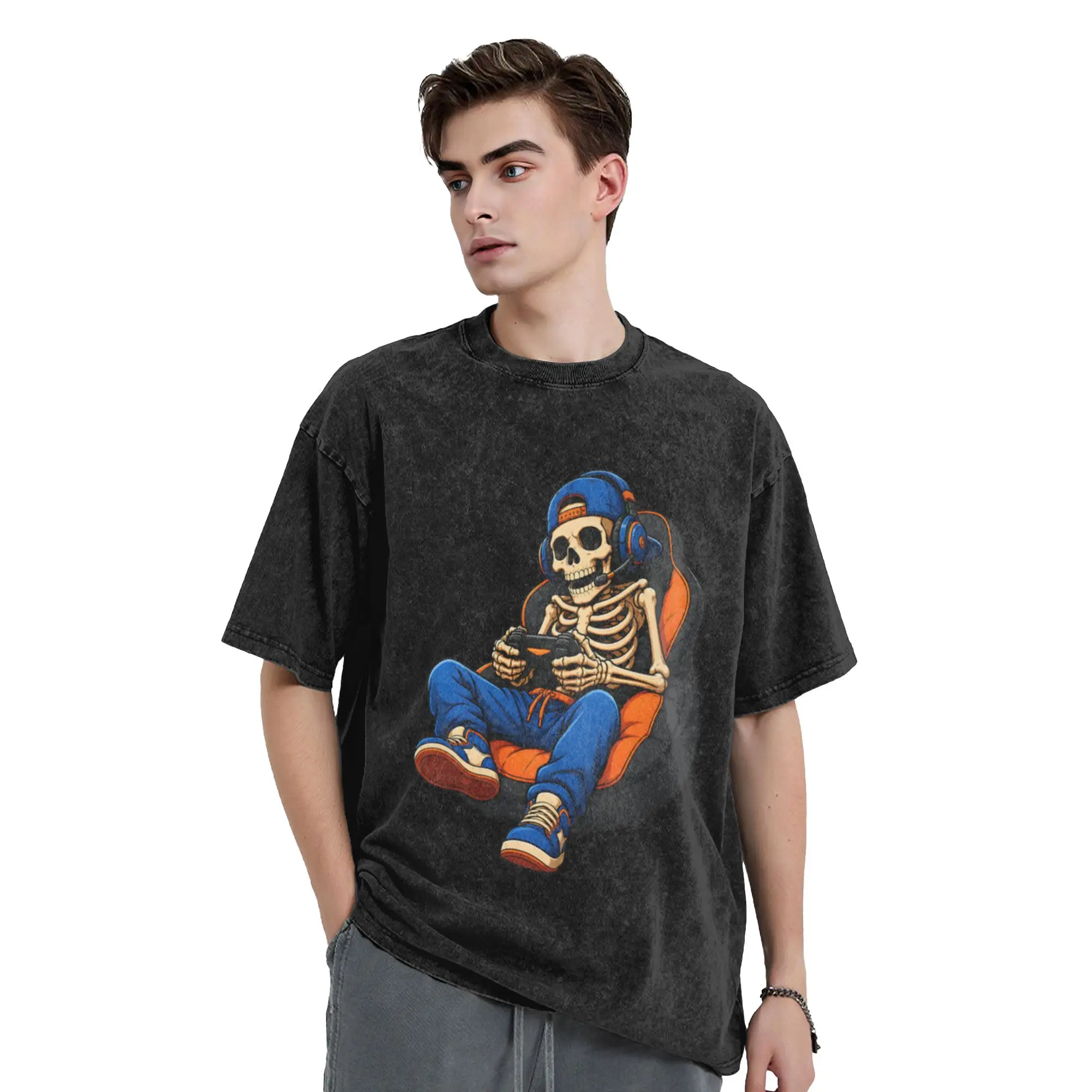 Skeleton Gamer Playing Video Games Classic Trendy A Vintage Oversized Cotton Unisex T-Shirts