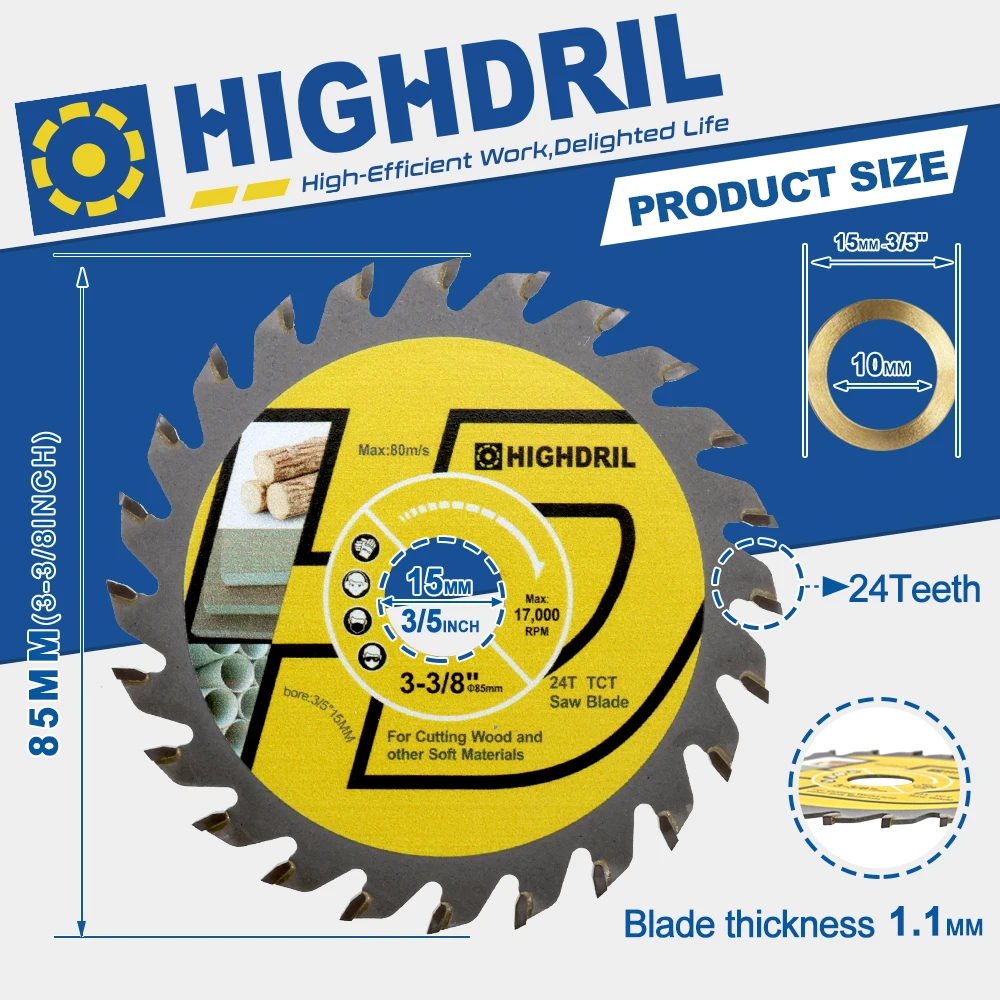 HIGHDRIL TCT Hard Alloy Woodworking Saw Blade Cutting Disc 1pc Dia 85mm For Wood Wood Composite Materials Plastics Mini Disc