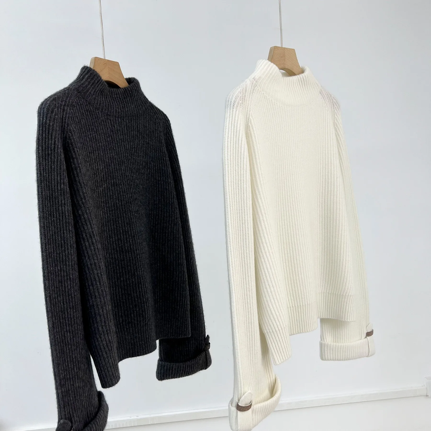 

New 202 Winter Autumn and Women's Half Turtleneck Drop-Shoulder Sleeve Loose Chain Cashmere Sweater 0925