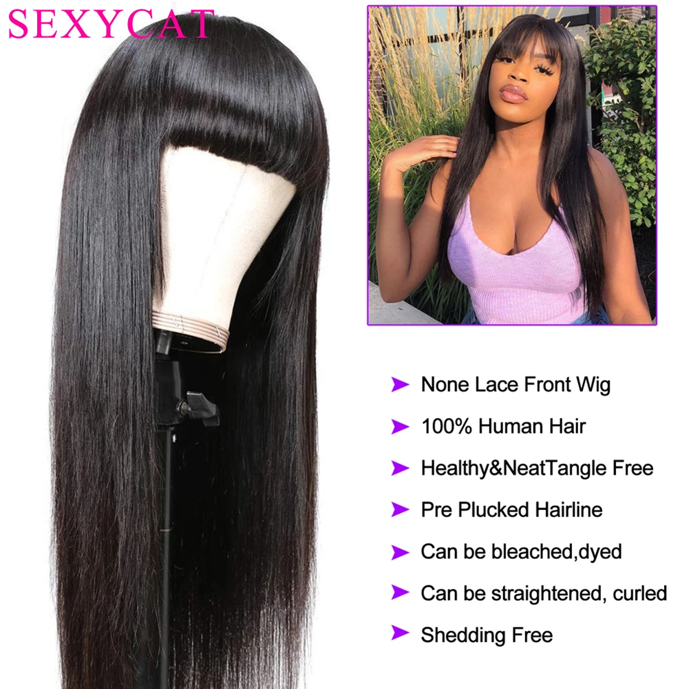 SexyCat-Perucas retas de cabelo humano com franja para mulheres negras, nenhuma frente de renda, glueless, máquina feita, cor natural, 1B