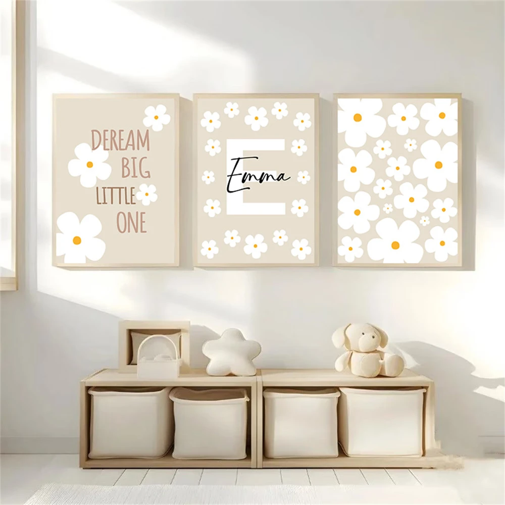 

Boho Beige White Daisy Wall Art Canvas Painting Custom Name Poster Floral Print Nursery Nordic Wall Pictures For Kids Room Decor