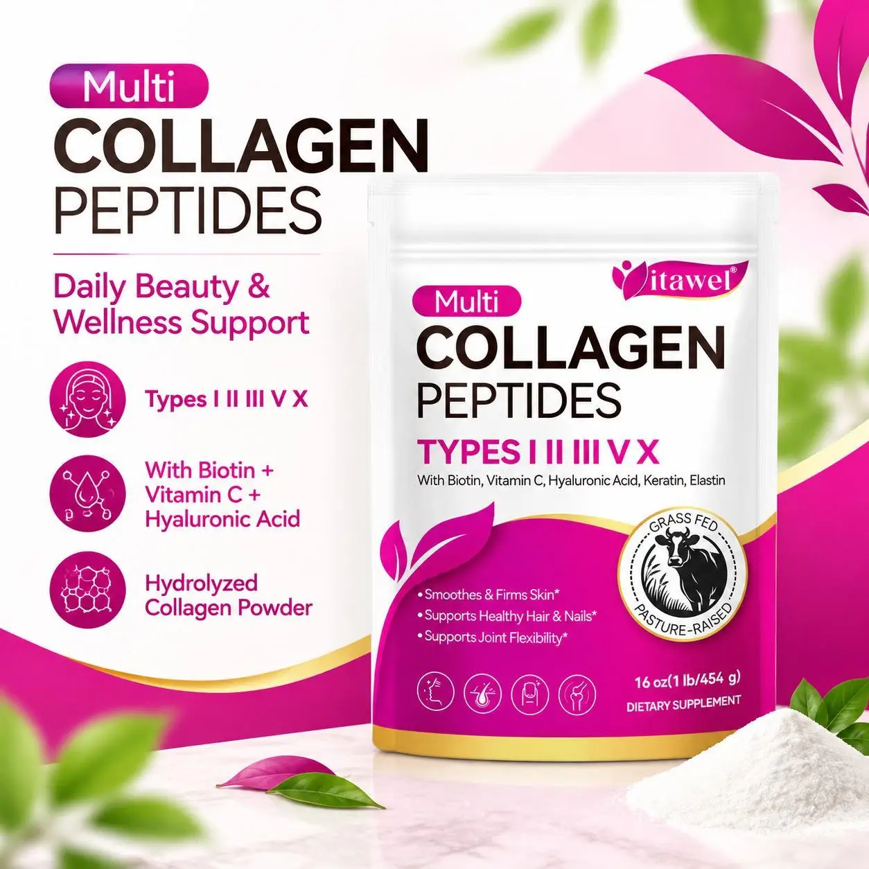 Support Skin Hydration & Hair Nail Health, Multi Collagen Peptides Powder Types I II III V X with Biotin & Hyaluronic Acid, 454g