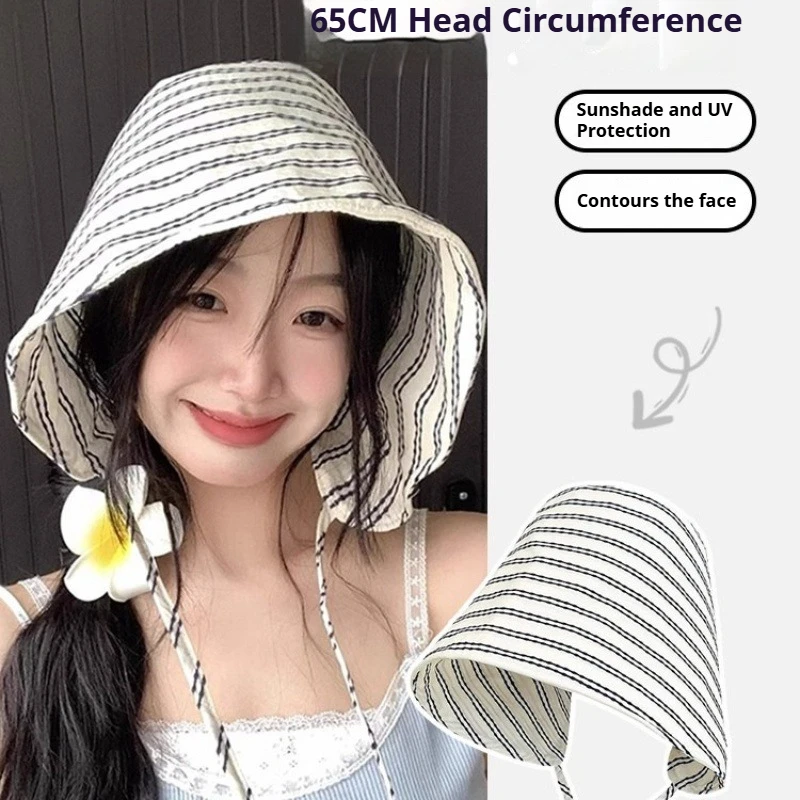 1pc Large Brim Foldable Bucket Hat for Women,Korean Striped Female Panama Bob with String,Outdoor Beach Fishermen Hat for Party