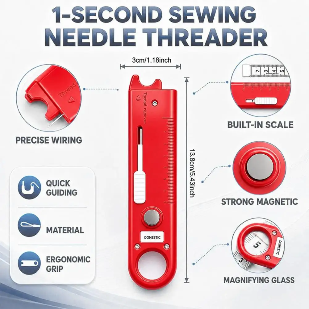 All-in-One Automatic Needle Threader With Built-In Magnifier And Measuring Gauge For Quick Sewing Repair Handicraft Tool