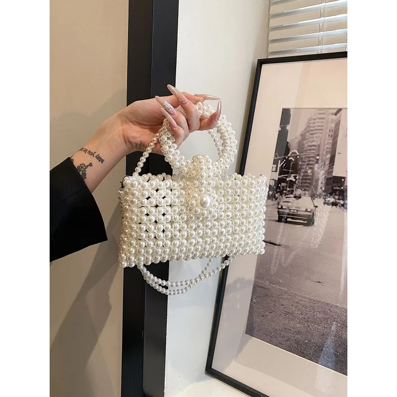 Pearl Beading Small Square Shoulder and Crossbody Bags Simple Fashion Versatile Handbags for Women 2024 Designer New Style