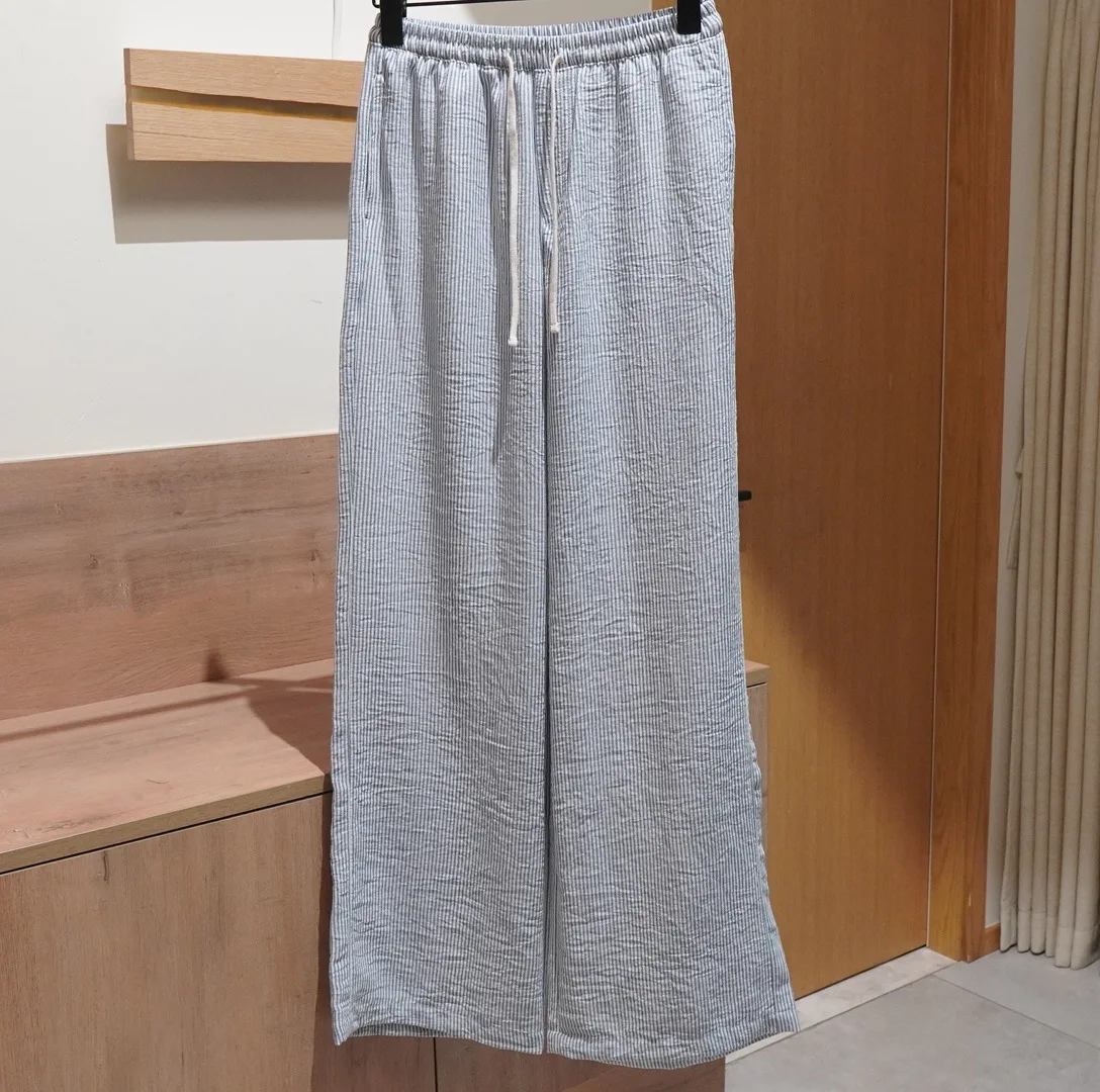 

Blue Striped Loose Wide Leg Pants Women Drawstring Elastic Waist Pocket Trouser Summer New Simple Fashion Casual Long Pant Femme