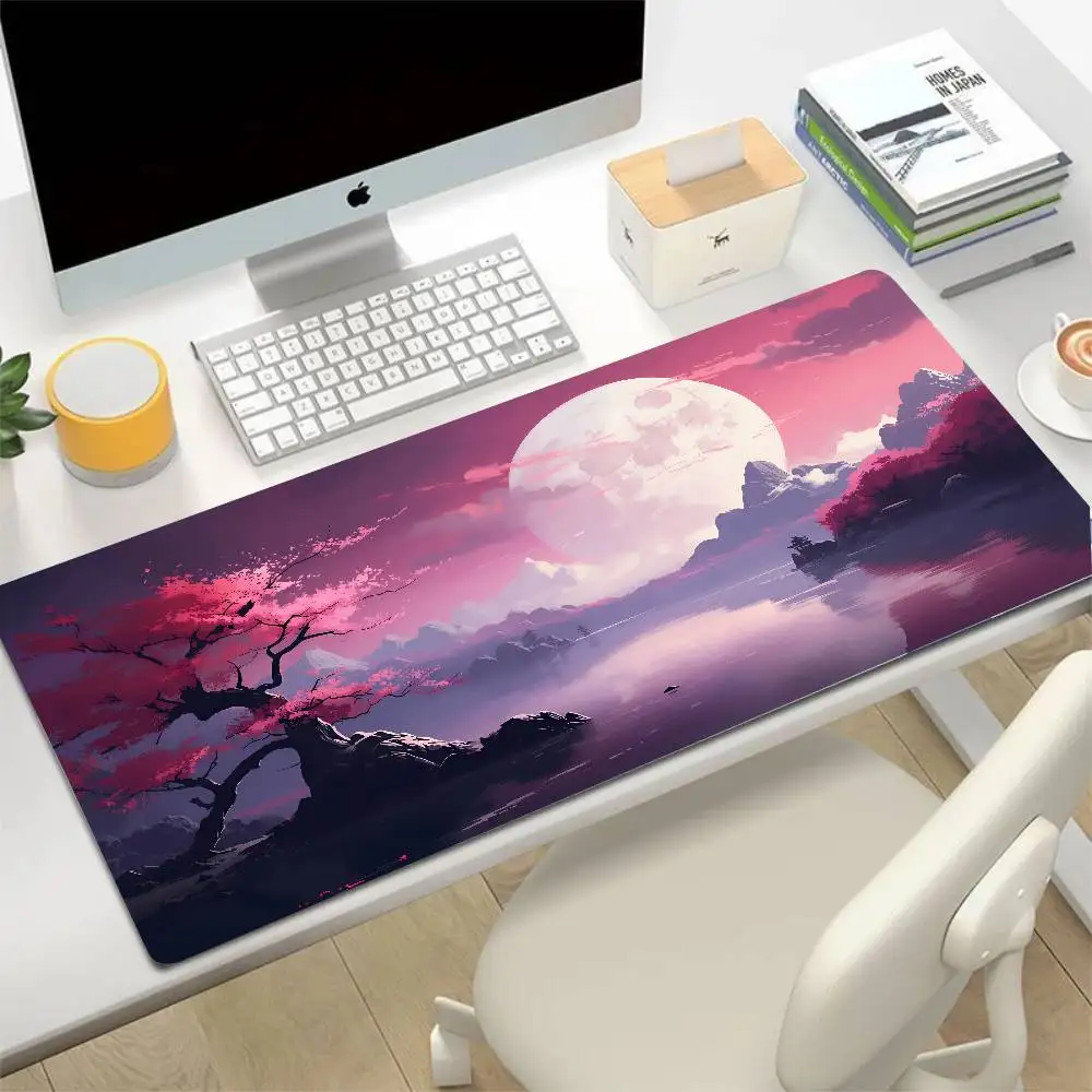 Large Anti-Slip Rubber Gaming MousePad Sakura Scenery Moon Mouse Pad Durable Deskmat Thick Seam Edge Suitable for Office Gaming
