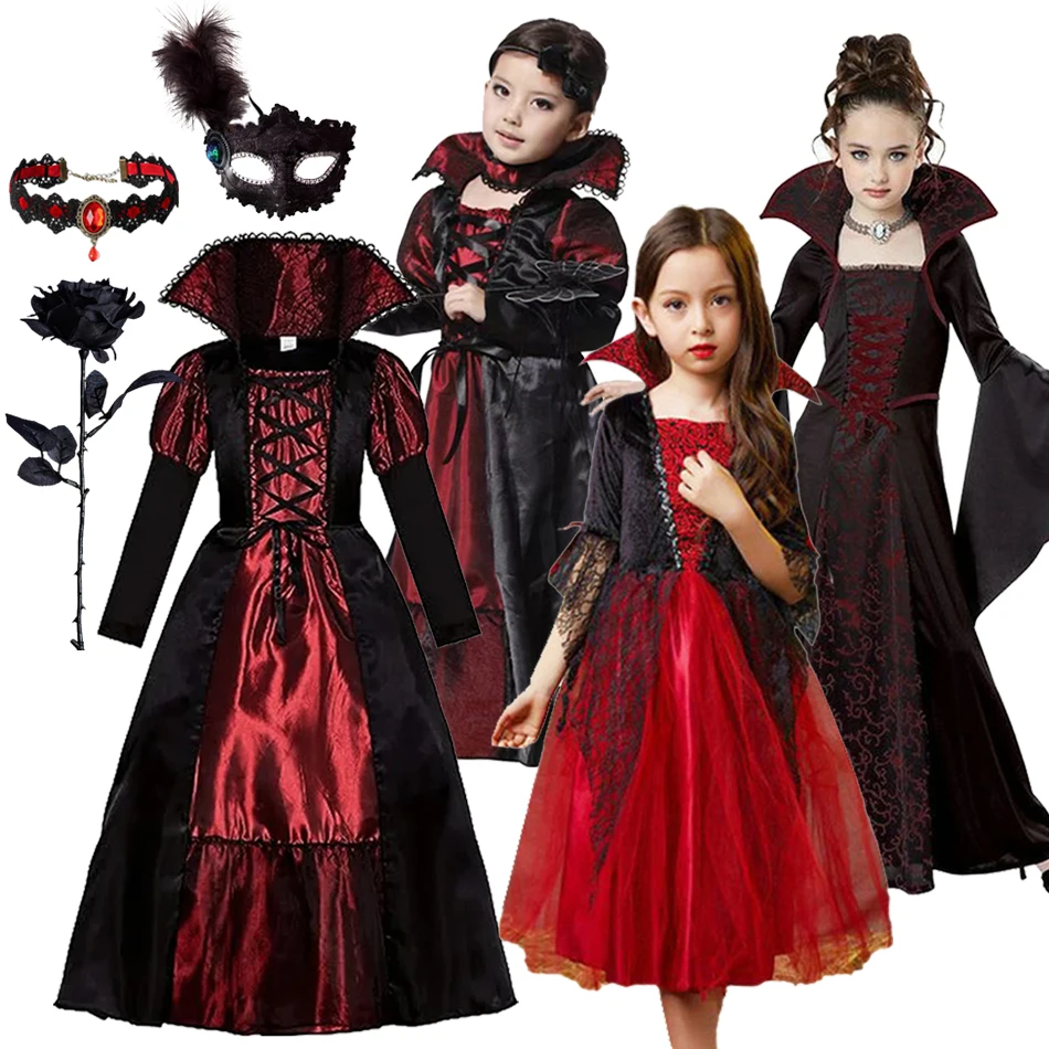 

2025 Halloween Girls Dress Costume Ghost Bride Gothic Cosplay Girls Red Vampire Carnival Party Kids Clothes