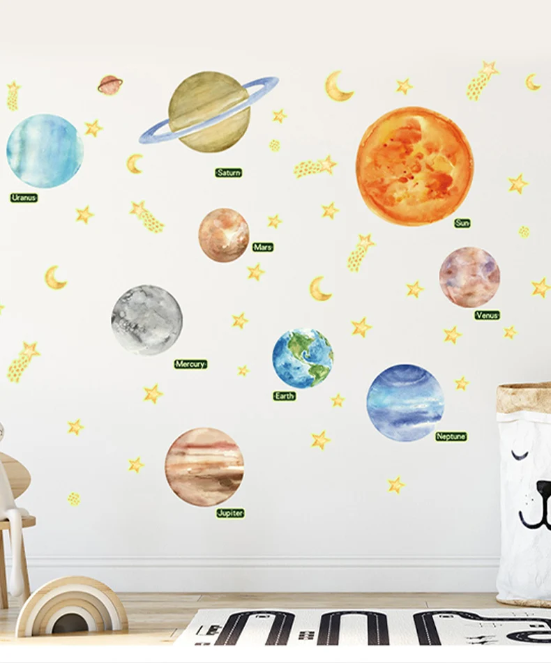 Glow-in-the-dark stickers 9 planets Children's room decorated with self-adhesive fluorescent green light wall stickers planets