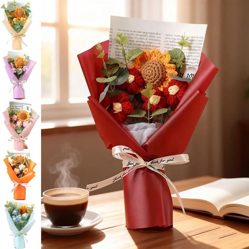 

Finished Yarn Weaving Sunflower Bouquet Gift Bag Packaging Practical Gift for Holidays Birthday Gift Eternal Flower for Friends
